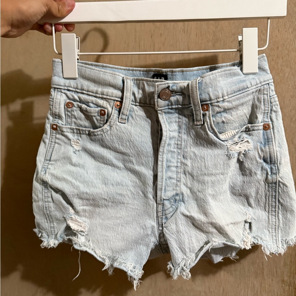 Distressed Light Blue Denim Shorts cheeky high rise